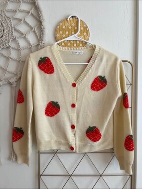 10Y | SHEIN Cream Strawberry Knit Cardigan Sweater